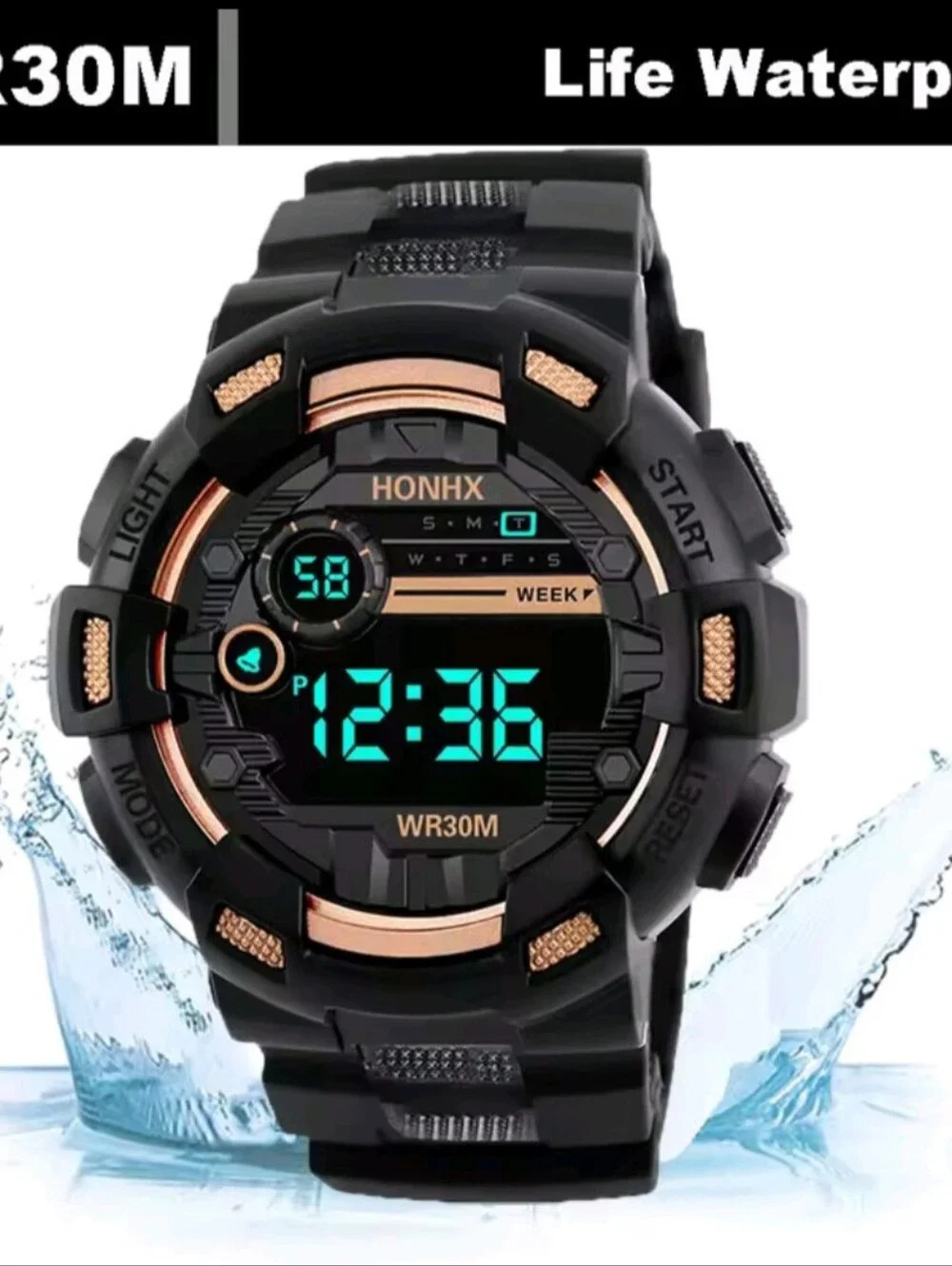 Men's Black And Gold Luminous Military Sports Digital Electronic Wristwatch